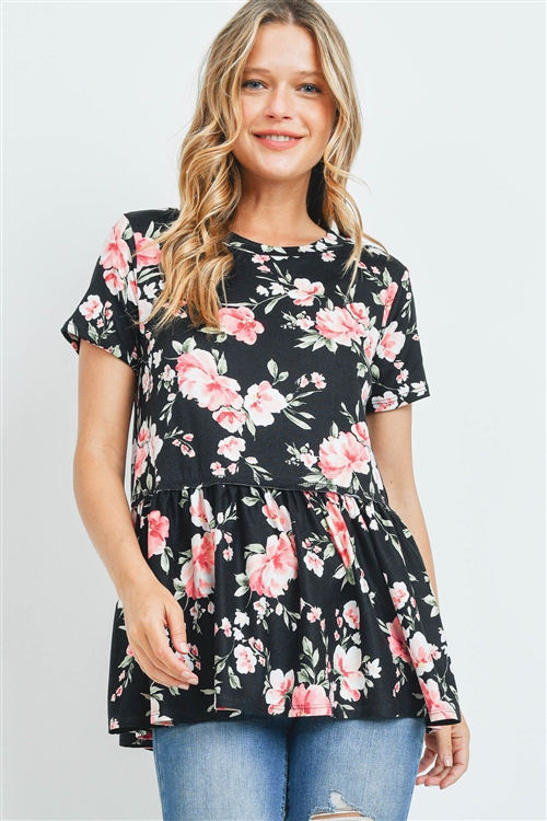 S9-20-3-PPT2281-BK-1 - CINCH WAIST FLORAL SWING TOP- BLACK 0-2-1-2