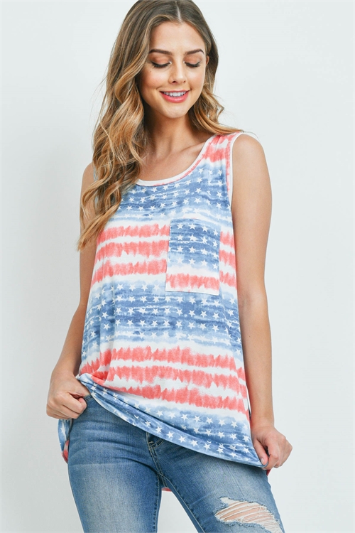 S11-6-1-PPT2286-RDNV - TIE DYE AMERICAN FLAG POCKET TANK TOP- RED/NAVY 1-2-2-2