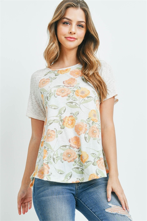 S10-8-3-PPT2287-IVCTND - WAVE RIB DETAIL SLEEVES FLORAL PRINT TOP- IVORY/CANTALOUPE/NUDE 1-2-2-2