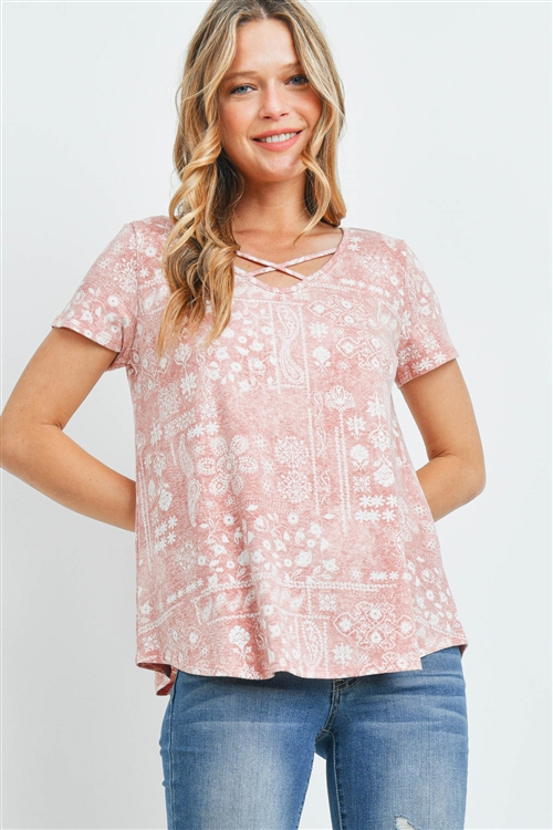 S15-12-3-PPT2290-MV-1 - CRISS-CROSS NECKLINE PAISLEY PRINT TOP- MAUVE 0-2-2-2