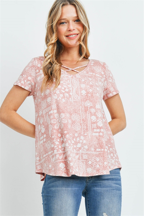 S12-12-2-PPT2290-MV - CRISS-CROSS NECKLINE PAISLEY PRINT TOP- MAUVE 1-2-2-2