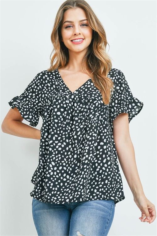 S15-10-4-PPT2291-BK-1 - DALMATIAN PRINT RUFFLE SLEEVES V-NECK TOP- BLACK 0-2-2-2