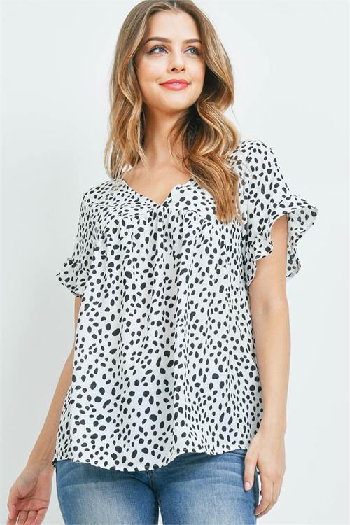 S5-8-4-PPT2291-IV - DALMATIAN PRINT RUFFLE SLEEVES V-NECK TOP- IVORY 1-2-2-2