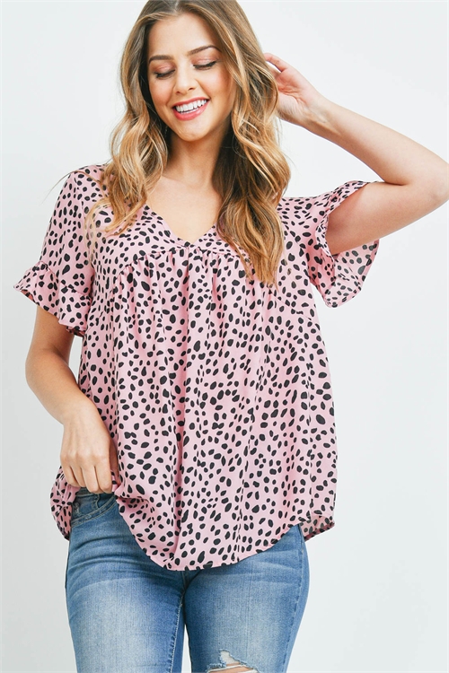 S5-8-4-PPT2291-RS - DALMATIAN PRINT RUFFLE SLEEVES V-NECK TOP- ROSE 1-2-2-2