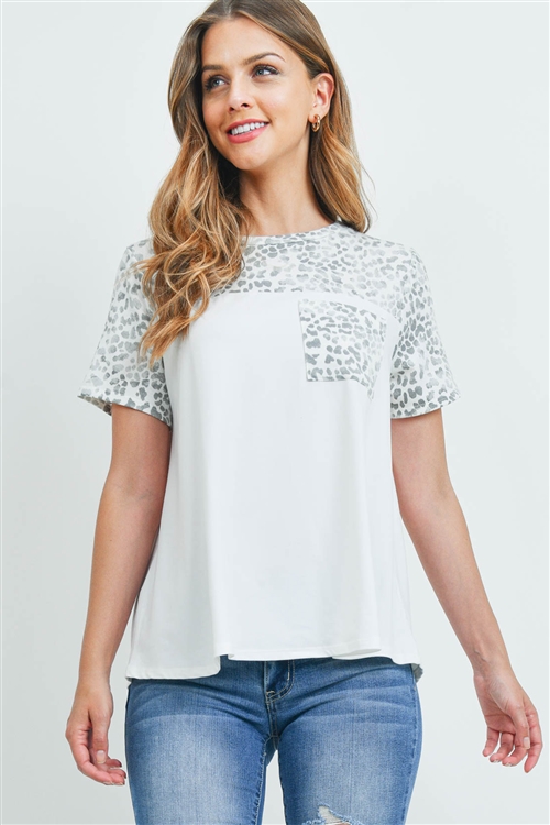 S9-18-2-PPT2294-IVGYSLV-1 - LEOPARD CONTRAST ROUND NECK POCKET TOP- IVORY-GREY/SILVER 0-0-2-2