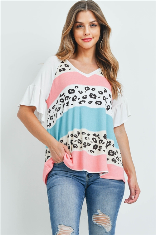 S8-14-3-PPT2298-PKMNTTPIV-1 - BELL SLEEVES MULTI-COLOR STRIPES LEOPARD PRINT TOP- PINK/MINT/TAUPE/IVORY 0-2-2-2