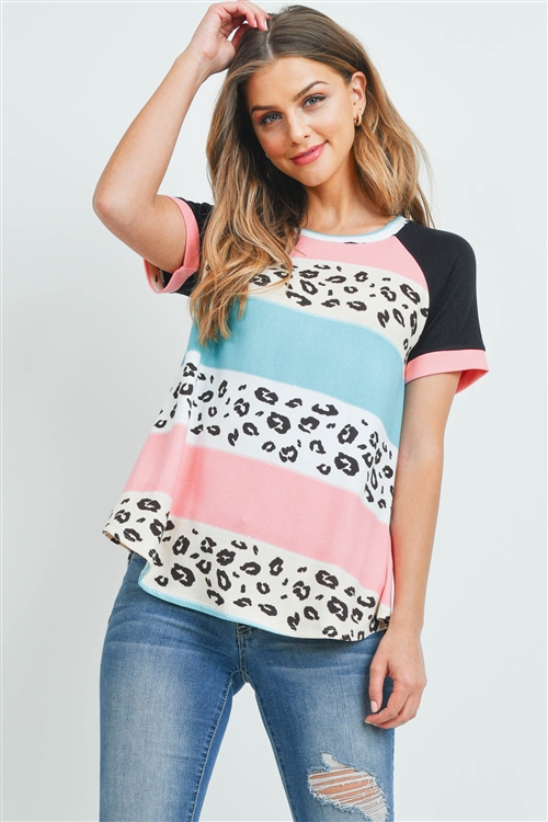 S14-10-3-PPT2299-PKMNTPBK-1 - MULTI-COLOR STRIPES LEOPARD PRINT TOP- PINK/MINT/TAUPE/BLACK 3