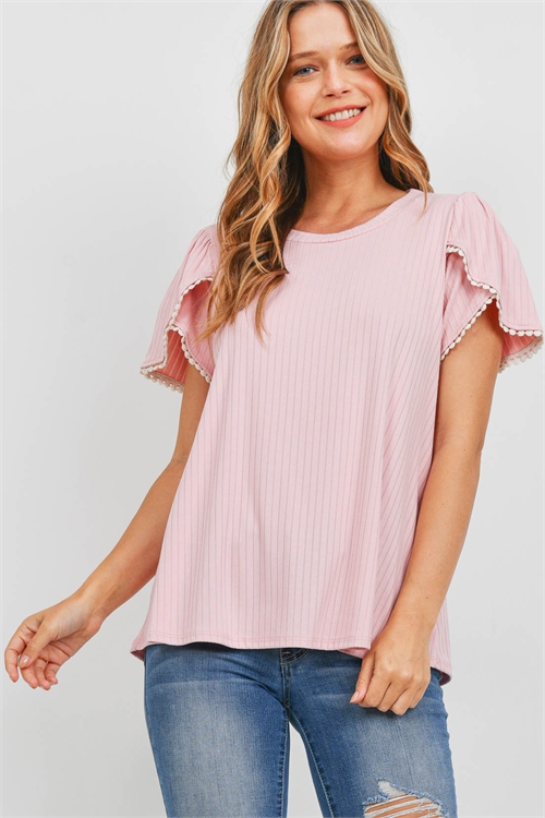 S14-12-3-PPT2300-BLS-1 - POMPOM DETAIL TULIP SLEEVE BRUSHED RIB TOP- BLUSH 0-2-2-2