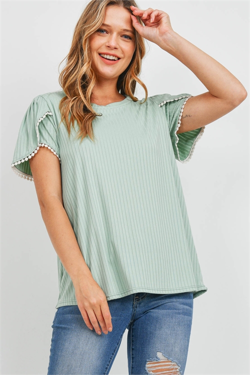 S11-19-2-PPT2300-SG - POMPOM DETAIL TULIP SLEEVE BRUSHED RIB TOP- SAGE 1-2-2-2