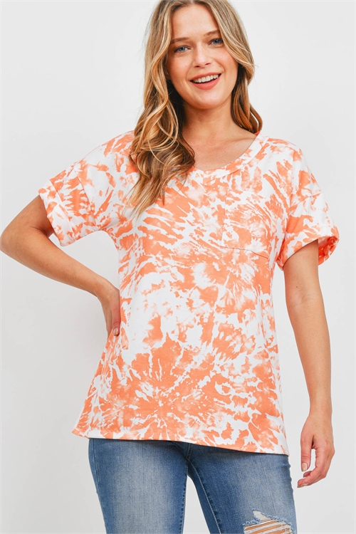 S9-13-3-PPT2306-OR-1 - TIE DYE V-NECK POCKET TOP- ORANGE 3-1-2-2