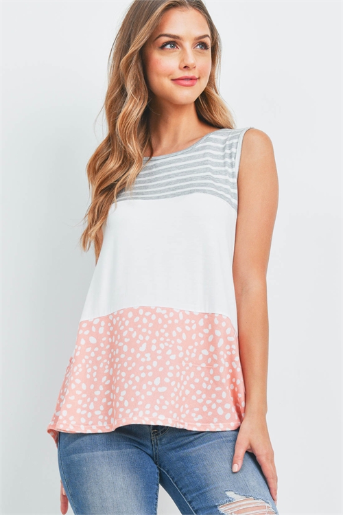 S11-20-2-PPT2309-HGIVCRL-1 - STRIPES PEBBLE CONTRAST SLEEVELESS TOP- HEATHER GREY/IVORY/CORAL 0-2-1-1