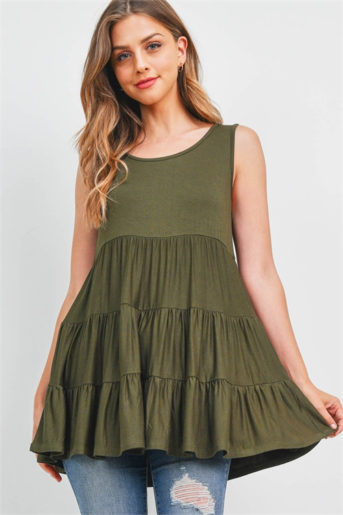 S14-6-2-PPT2310-OV - SLEEVELESS TIERED RUFFLE SOLID TOP- OLIVE 1-2-2-2