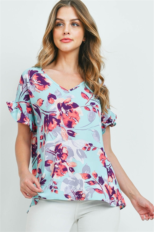 S10-14-3-PPT2312-MNTCRL-1 - FLORAL PRINT V-NECK RUFFLE SLEEVES TOP- MINT/CORAL 0-2-2-2