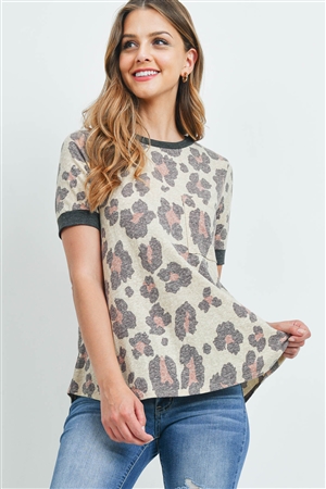SA4-6-2-PPT2314-TPBWNCHL - SOLID NECK AND SLEEVE BAND LEOPARD TOP- TAUPE/BROWN/CHARCOAL 1-2-2-2