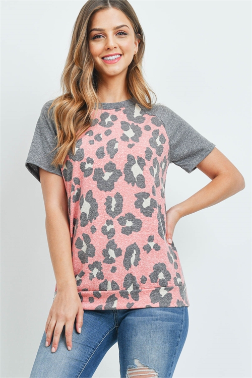 S6-1-5-PPT2316-RSTBK-A - TRI-BLEND LEOPARD RAGLAN TOP- RUST/BLACK 2-3-0-0