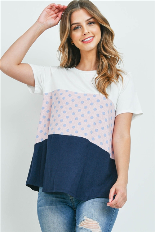 S16-9-2-PPT2319-IVPKBLNV-1 - POLKA DOT CONTRAST ROUND NECK TOP- IVORY/PINK BLUE/NAVY 0-2-2-1