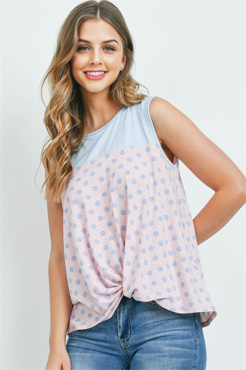 SA4-6-4-PPT2320-PKBLBBYBL - POLKA DOT FRONT KNOT SLEEVELESS TOP- PINK/BLUE-BABY BLUE 1-2-2-2