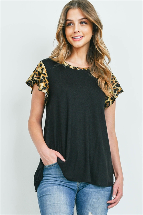 S10-15-3-PPT2323-BKCMLBK-1 - LEOPARD CAP SLEEVE TWO TONED SOLID TOP- BLACK/CAMEL/BLACK 0-2-2-1