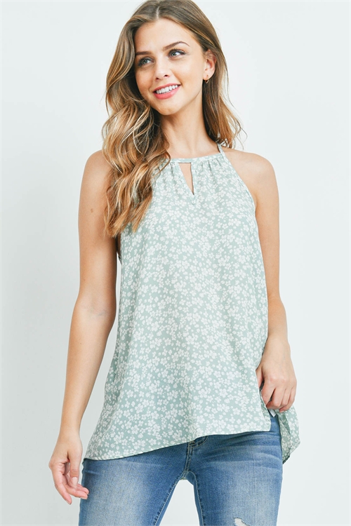 S11-12-3-PPT2325-SGCB - SLEEVELESS KEYHOLE FLORAL TOP- SAGE COMBO 1-2-2-2