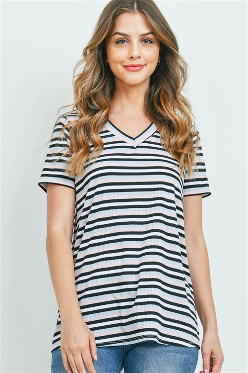 S10-4-3-PPT2329-BLPKBK - RIB DETAIL V-NECK STRIPES TOP- BLUE/PINK/BLACK 1-2-2-2