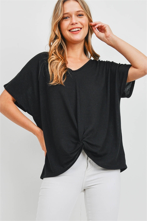 S16-7-3-PPT2332-BK - V-NECK DOLMAN SLEEVES TWIST FRONT TOP- BLACK 1-2-2-2