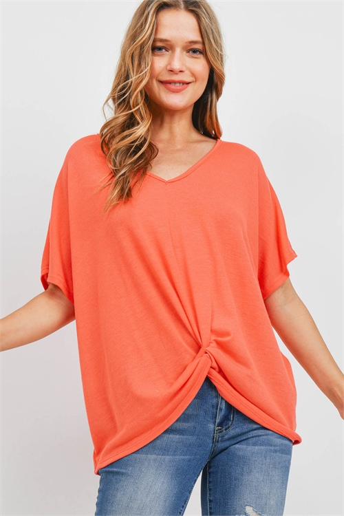 S16-7-3-PPT2332-CRL - V-NECK DOLMAN SLEEVES TWIST FRONT TOP- CORAL 1-2-2-2