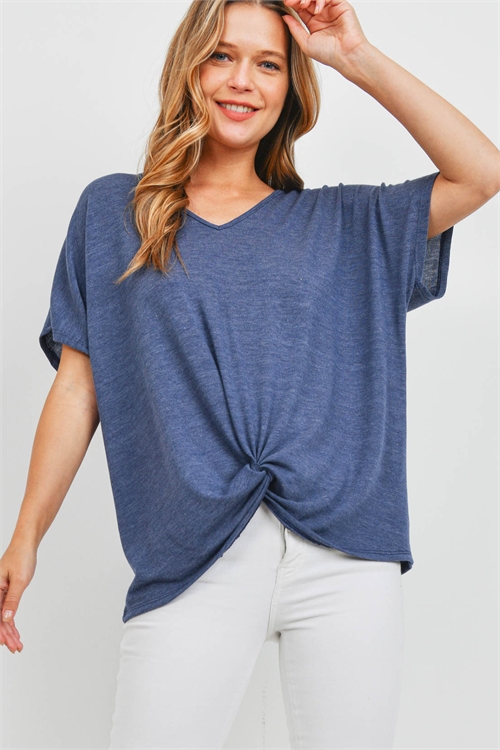 S16-10-1-PPT2332-DNMHT-1 - V-NECK DOLMAN SLEEVES TWIST FRONT TOP- DENIM HEATHER 0-2-2-2