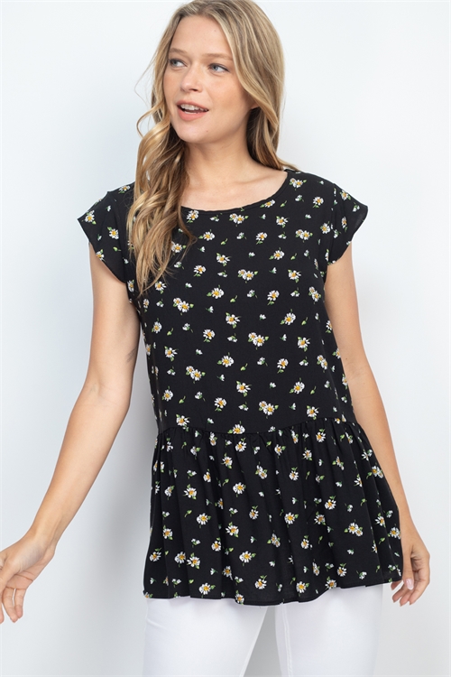 S10-18-2-PPT2341-BKGD-1 - FLORAL PRINT CAP SLEEVE CINCH WAIST TOP- BLACK-GOLD 1-2-2-1