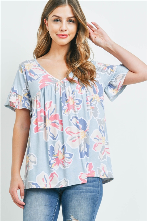 S7-10-3-PPT2342-GYBLCB - V-NECK RUFFLE SLEEVES FLORAL PRINT TOP- GREY BLUE COMBO 1-2-2-2