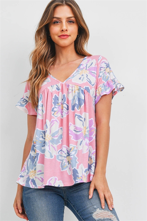 S8-2-2-PPT2342-PKCB - V-NECK RUFFLE SLEEVES FLORAL PRINT TOP- PINK COMBO 1-2-2-2