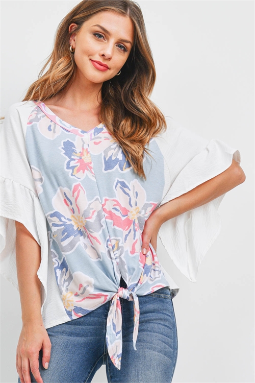 S10-13-2-PPT2343-GYBLCBOFWT-1 - BELL SLEEVES FLORAL PRINT CONTRAST FRONT KNOT TOP- GREY BLUE COMBO/OFF-WHITE 2-1-0-0