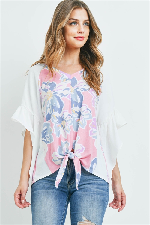 SA4-00-1-PPT2343-PKCBOFWT - BELL SLEEVES FLORAL PRINT CONTRAST FRONT KNOT TOP- PINK COMBO/OFF-WHITE 1-2-2-2