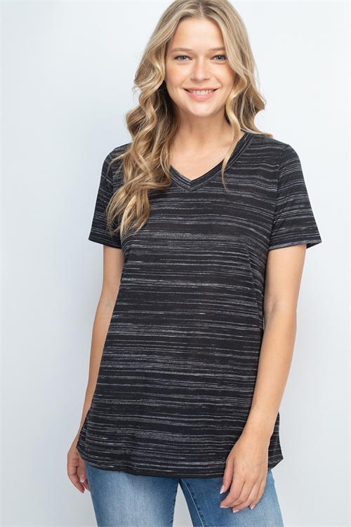 S16-3-2-PPT2344-BKWT-1 - LONG SLUB JERSEY V-NECK TOP- BLACK/WHITE 0-2-4-0