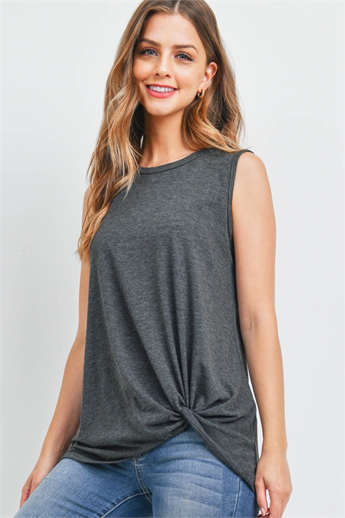 S10-15-3-PPT2346-CHL-1 - SLEEVELESS ROUND NECK TWIST FRONT TOP- CHARCOAL 0-2-2-2