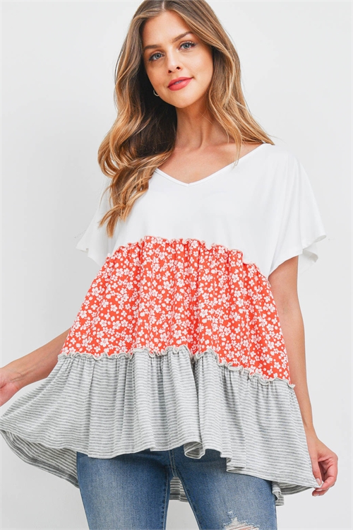 S8-5-3-PPT2349-IVRDCBHGIV-1 - FLORAL STRIPES CONTRAST TIERED RUFFLE TOP- IVORY/RED COMBO/HEATHER-IVORY 0-0-2-1