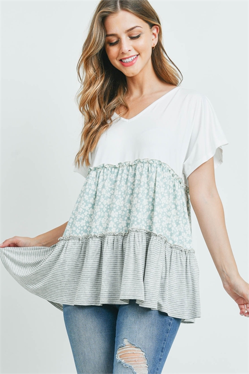 S8-5-3-PPT2349-IVSGCBHGIV-1 - FLORAL STRIPES CONTRAST TIERED RUFFLE TOP- IVORY/SAGE COMBO/HEATHER-IVORY 0-1-1-0