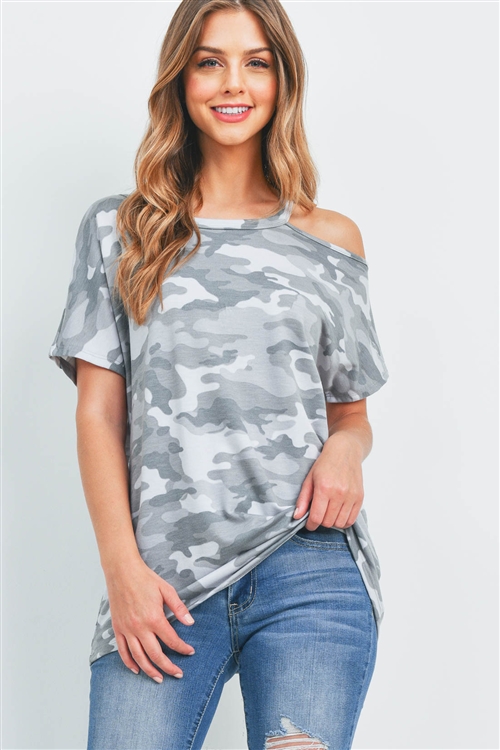 S9-20-2-PPT2351-GYTNTN-1 - COLD SHOULDER SHORT SLEEVES CAMO TOP- GREY/TONE/TONE 0-2-2-1