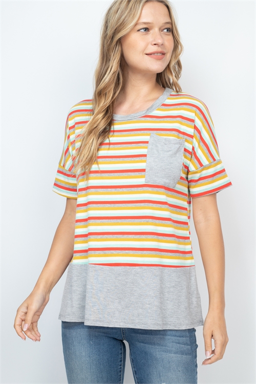 S12-8-2-PPT2352-HGDKCMNT-1 - RIB STRIPES TWO TONED CONTRAST POCKET TOP- H. GREY-DK CORAL-MINT-MUSTARD/H. GREY 0-2-2-2