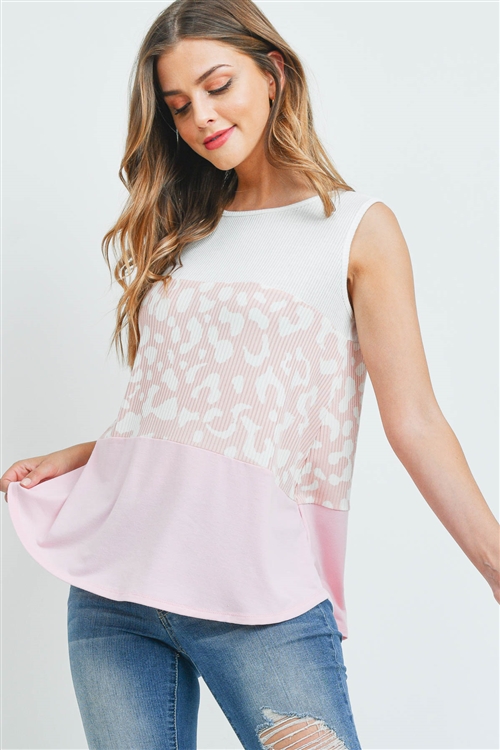 S14-12-1-PPT2355-OFWPCCDSTRS - BELLA RIB LEOPARD PRINT CONTRAST TANK TOP- OFF-WHITE/PEACH-CREAM/DUSTY ROSE 1-2-2-2