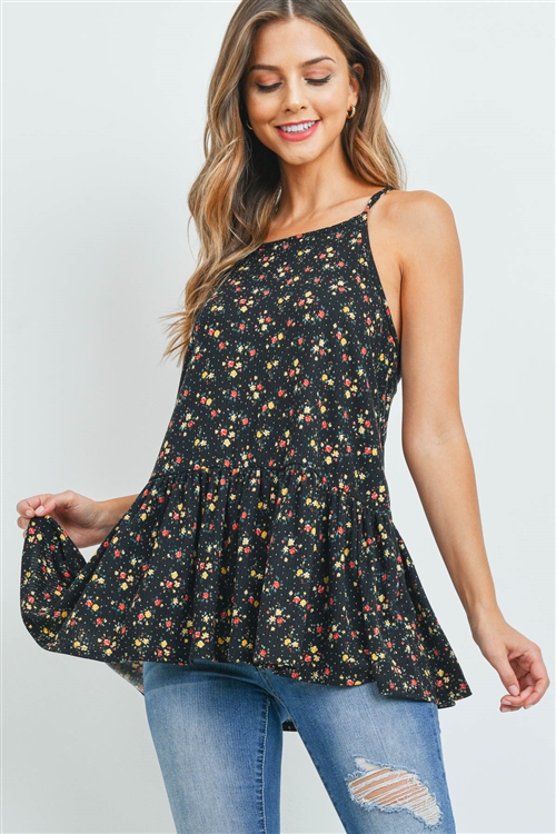 S8-14-1-PPT2356-BKBLS-1 - RIB FLORAL PRINT CINCH WAIST SPAGHETTI STRAP TOP- BLACK/BLUSH 0-2-2-2