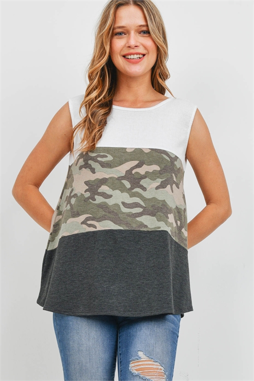 S16-6-1-PPT2357-OFWTMSCHL - CAMOUFLAGE SOLID RIB CONTRAST TANK TOP- OFF-WHITE/MOSS/CHARCOAL 1-2-2-2