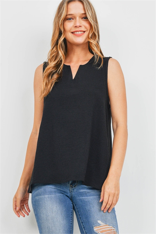 S8-14-2-PPT2360-BK-1 - NOTCH NECK SLEEVELESS WOVEN TOP- BLACK 0-2-2-2