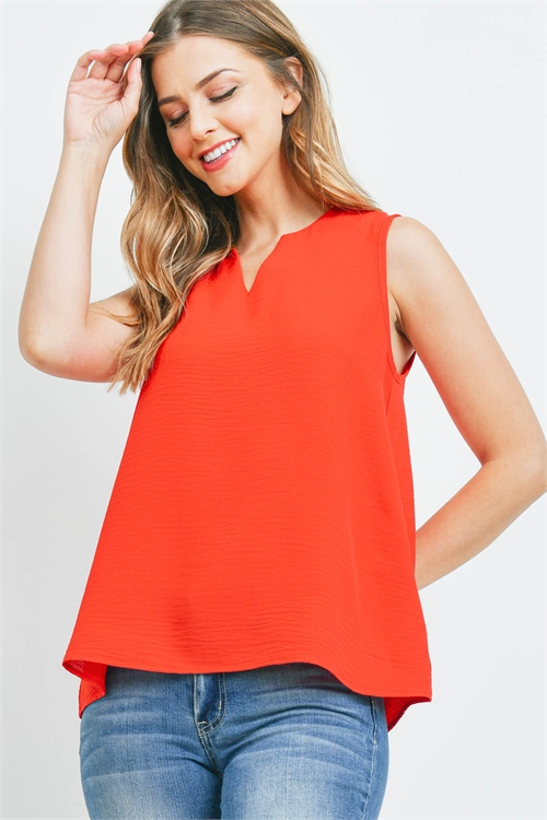 S11-11-4-PPT2360-RD - NOTCH NECK SLEEVELESS WOVEN TOP- RED 1-2-2-2