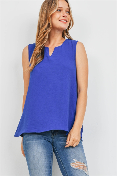 S11-12-3-PPT2360-RYL - NOTCH NECK SLEEVELESS WOVEN TOP- ROYAL 1-2-2-2