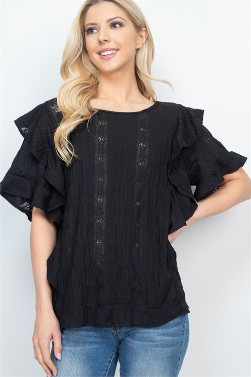 S15-9-1-PPT2364-BK - LAYERED RUFFLE SLEEVES CRINCKLE GRANNY WOVEN TOP- BLACK 1-2-2-2