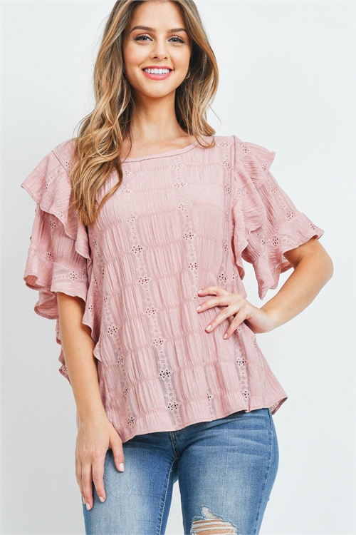 S15-9-2-PPT2364-MV - LAYERED RUFFLE SLEEVES CRINCKLE GRANNY WOVEN TOP- MAUVE 1-2-2-2