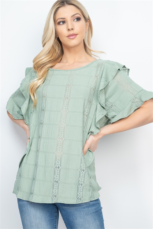 S16-11-1-PPT2364-SG-1 - LAYERED RUFFLE SLEEVES CRINCKLE GRANNY WOVEN TOP- SAGE 0-0-1-1