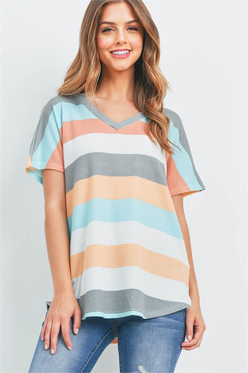 S10-15-3-PPT2365-GYMV-1 - V-NECK MULTICOLOR STRIPES THERMAL TOP- GREY/MAUVE 1-2-1-2