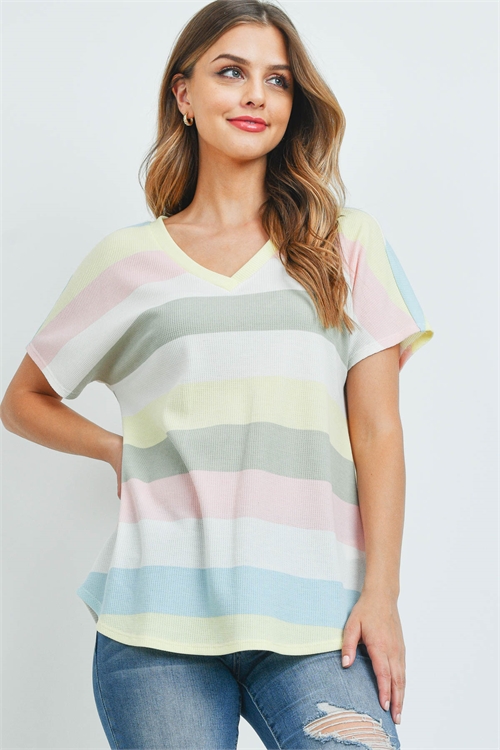 S10-15-3-PPT2365-YLWPK-1 - V-NECK MULTICOLOR STRIPES THERMAL TOP- YELLOW/PINK 0-2-2-2