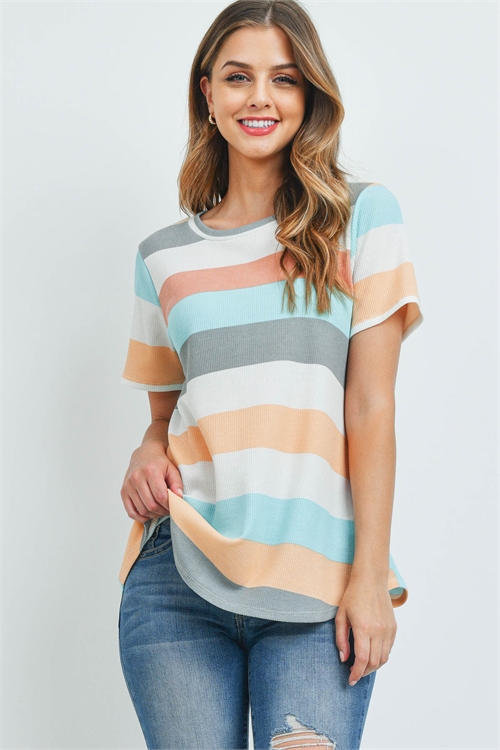 S16-7-5-PPT2366-GYMV - ROUND NECK MULTICOLOR STRIPES THERMAL TOP- GREY/MAUVE 1-2-2-2